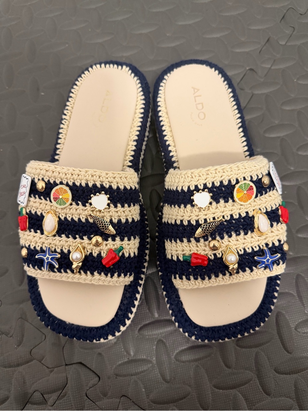 ALDO Navy and Cream Beaded Crochet Slide Sandals